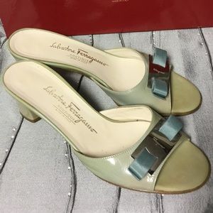 Salvatore Ferragamo light green mules with pool blue bow with silver detail.